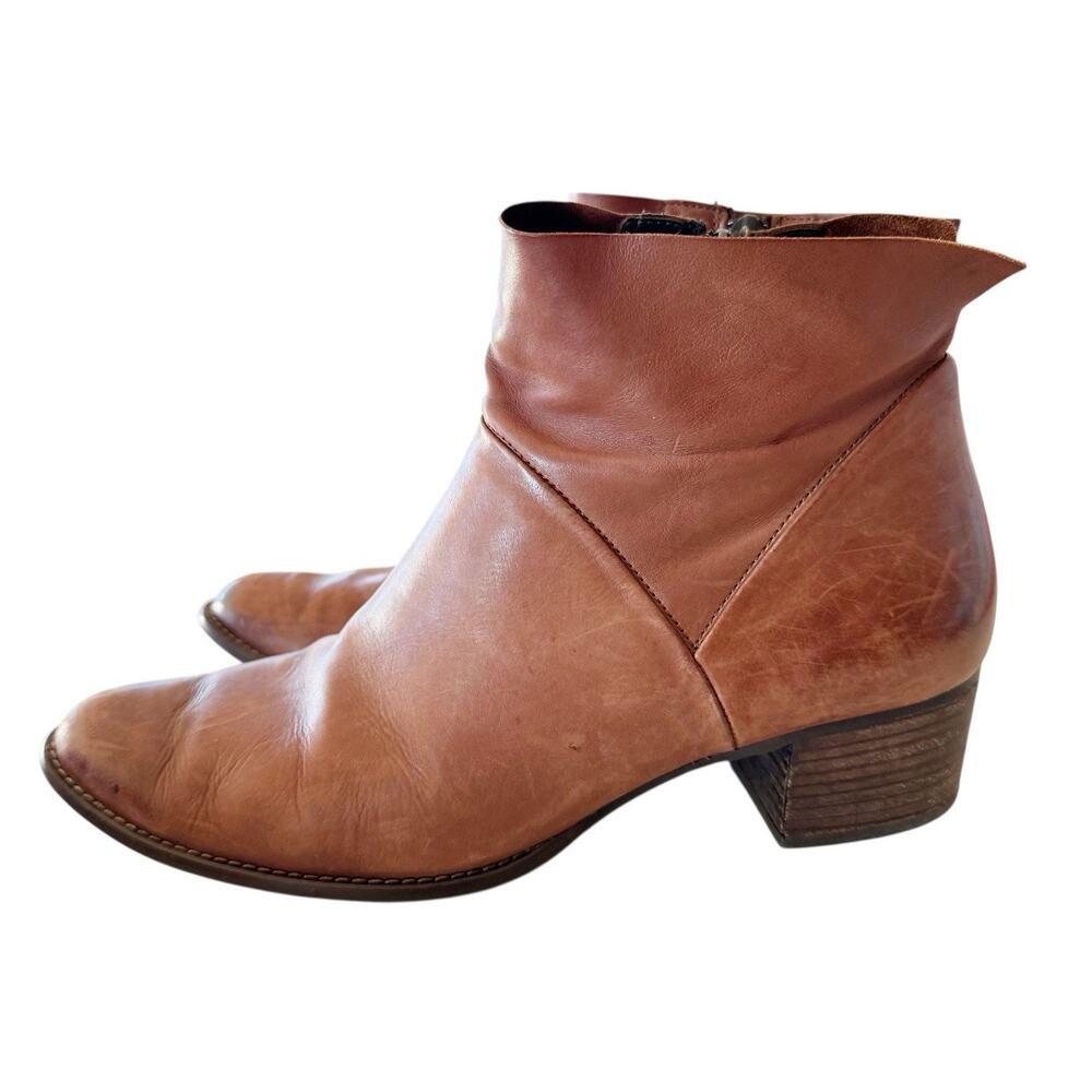 Paul Green‎ Leather Zip Up Ankle Boots Bootie Cognac Brown Smooth Leather US 9